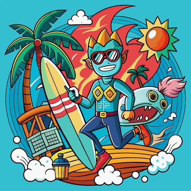 Tshirt sticker of a humorous illustration merging pop culture references with surfing motifs