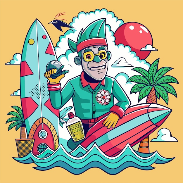 Tshirt sticker of a humorous illustration merging pop culture references with surfing motifs