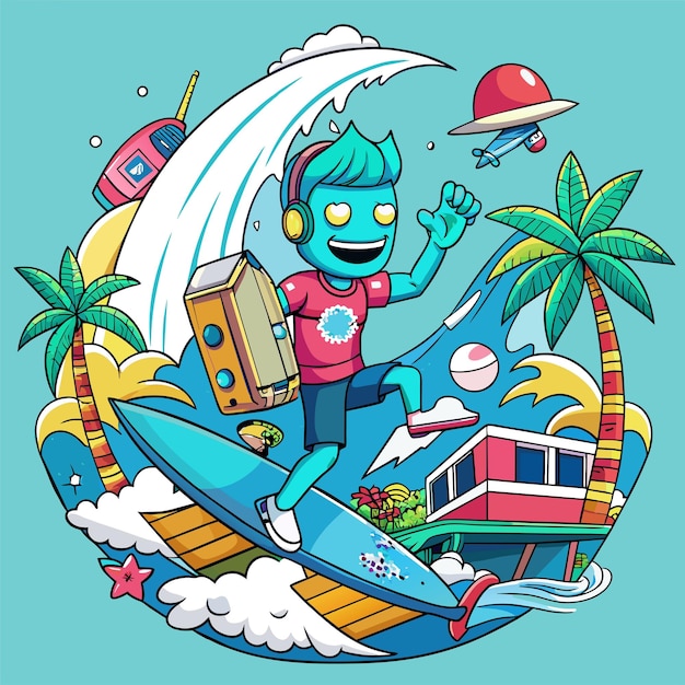 Tshirt sticker of a humorous illustration merging pop culture references with surfing motifs