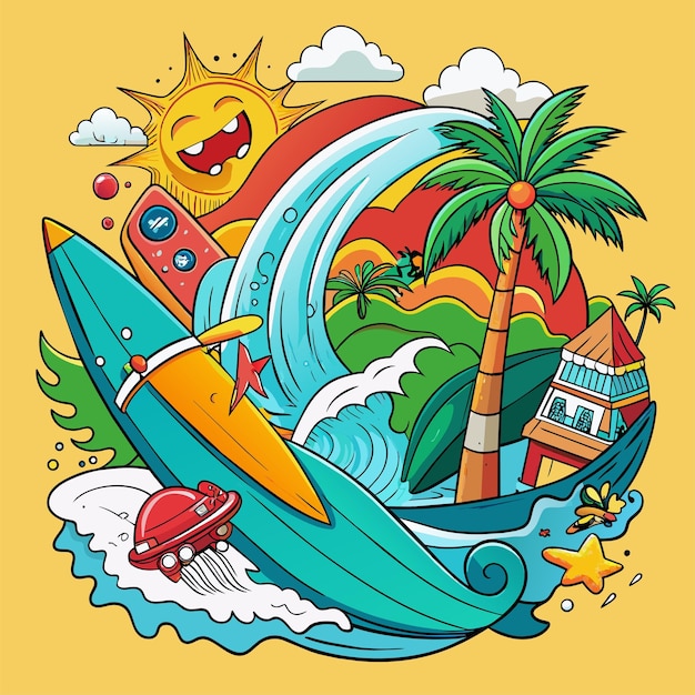 Tshirt sticker of a humorous illustration merging pop culture references with surfing motifs