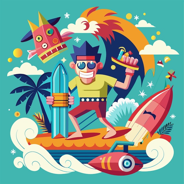 Tshirt sticker of a humorous illustration merging pop culture references with surfing motifs