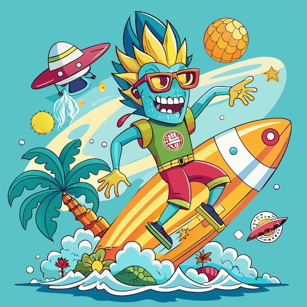 Tshirt sticker of a humorous illustration merging pop culture references with surfing motifs