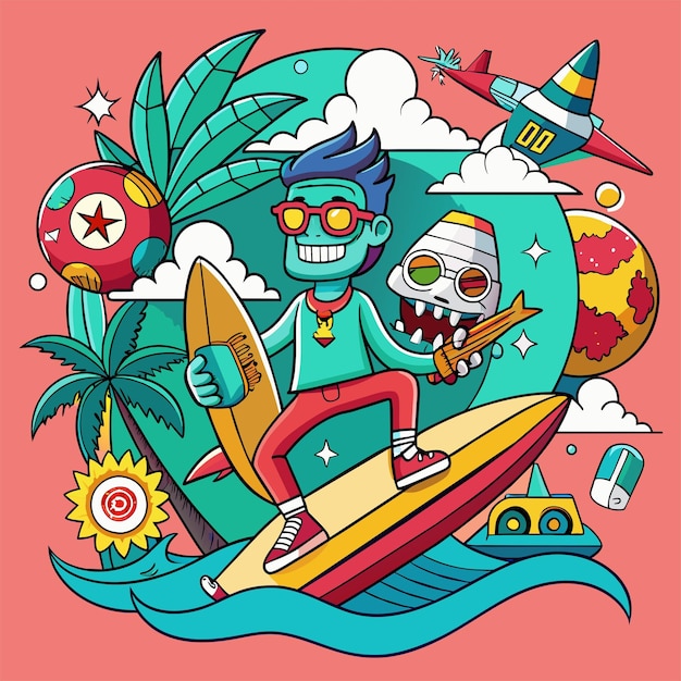 Tshirt sticker of a humorous illustration merging pop culture references with surfing motifs