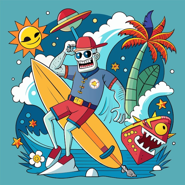 Tshirt sticker of a humorous illustration merging pop culture references with surfing motifs