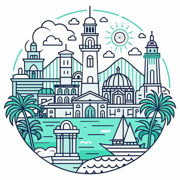 Tshirt sticker of a Incorporate intricate line art depicting iconic landmarks of coastal destination