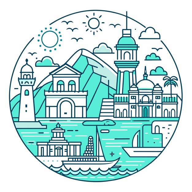 Tshirt sticker of a Incorporate intricate line art depicting iconic landmarks of coastal destination