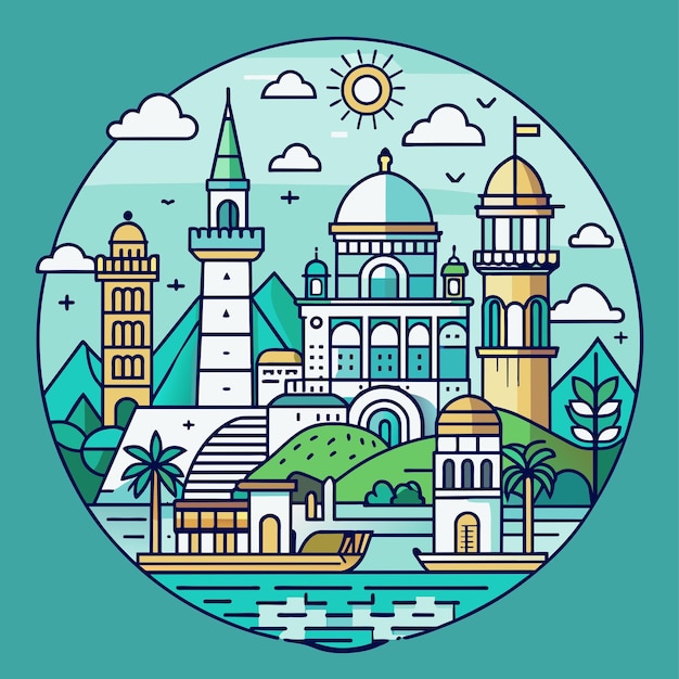 Tshirt sticker of a Incorporate intricate line art depicting iconic landmarks of coastal destination