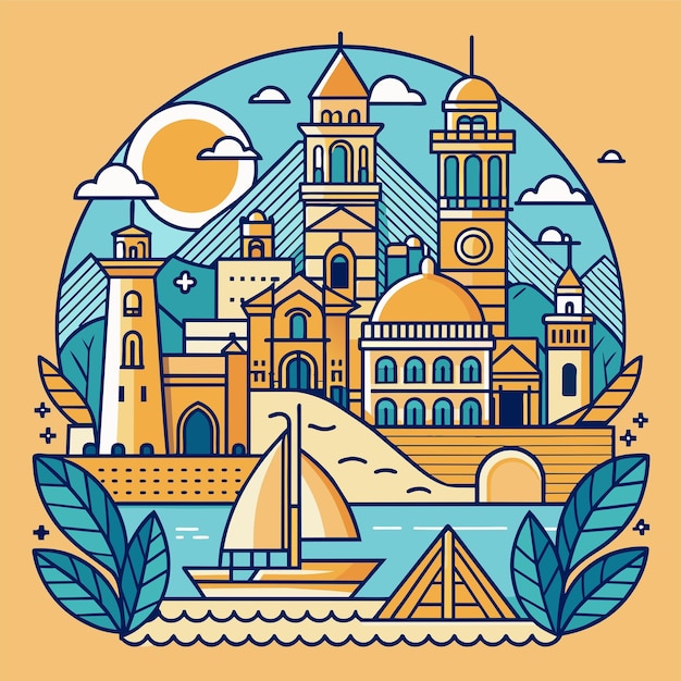 Tshirt sticker of a Incorporate intricate line art depicting iconic landmarks of coastal destination