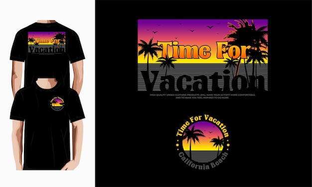 Tshirt time for vacation palm tree sunset vintage illustration Premium Vector