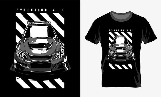 A tshirt with a lancer evo illustration and make and model on it