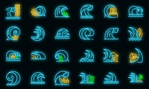 Tsunami icons set. Outline set of tsunami vector icons neon color on black