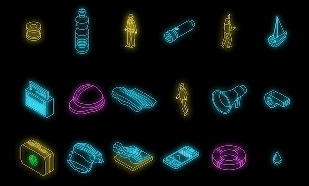 Tsunami icons set vector neon