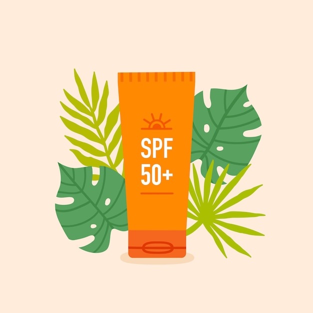 Tube of sunscreen lotion with tropical leaves around illustration