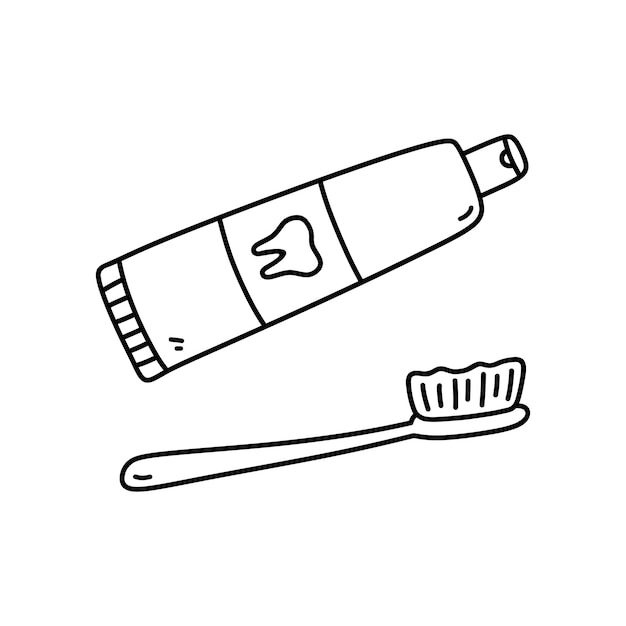 Tube of toothpaste and a toothbrush isolated on white background Oral hygiene doodle style