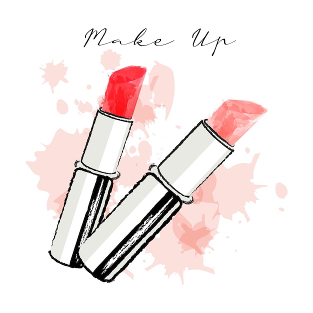 Tubes of lipstick, painted with grunge and watercolor brushes, fashion pastel colors. Illustration