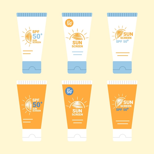 Vector tubes with sunscreen product spf summer skincare product design variations