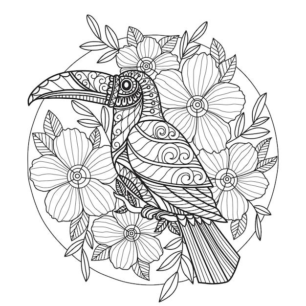 Tucan and flower coloring page for adults