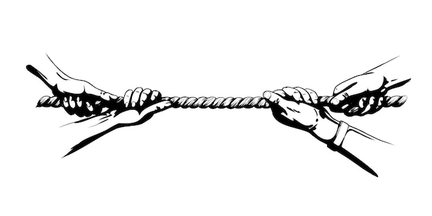 Tug war competition with rope Hands pulling rope Shadowed sketch hand drawn vector