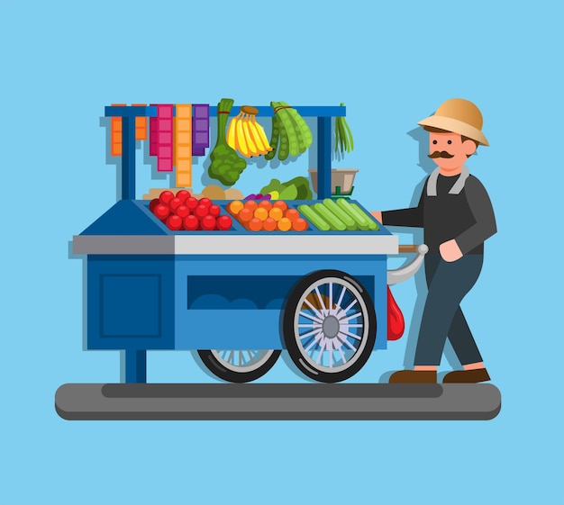 Tukang sayur keliling is indonesian fruit and vegetable seller in stall illustration in flat vector