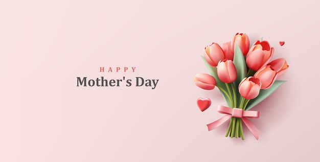 Vector tulip bouquet 3d illustration with bow and flying hearts mothers day greeting realistic illustration