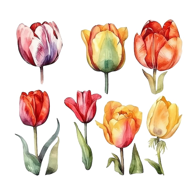 Tulip flowers watercolor paint collection