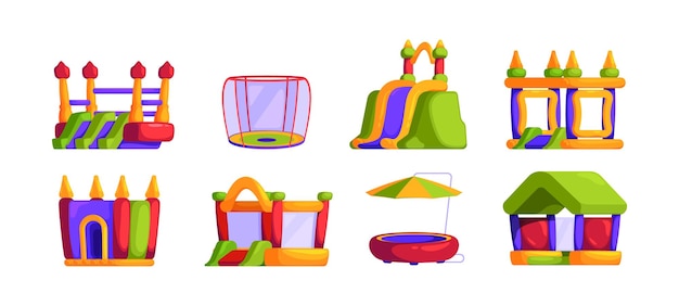 Vector tumbling trampolines inflatable castles and entertainment jumping trampoline sport events for cheerful characters garish vector flat illustrations