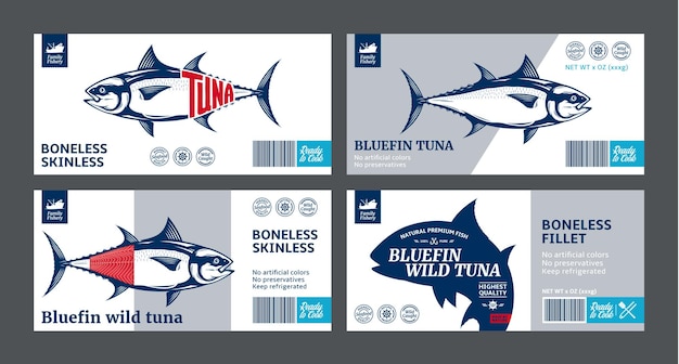 Tuna labels and tuna fish illustrations