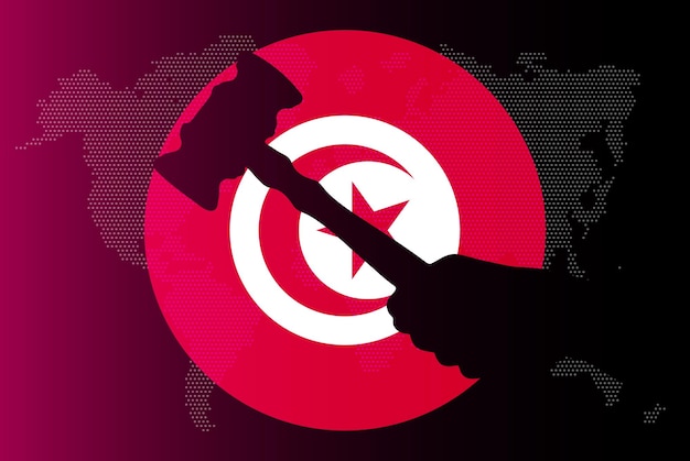 Tunisia flag with judge gavel corruption concept law or legal result news banner