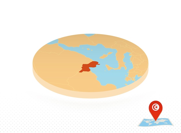 Tunisia map designed in isometric style orange circle map