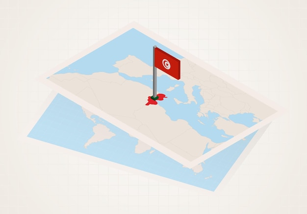 Tunisia selected on map with 3D flag of Tunisia