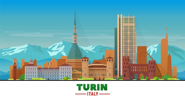 Turin Italy skyline with panorama on sky and mountains background Vector Illustration Business travel and tourism concept with modern buildings Image for banner or website