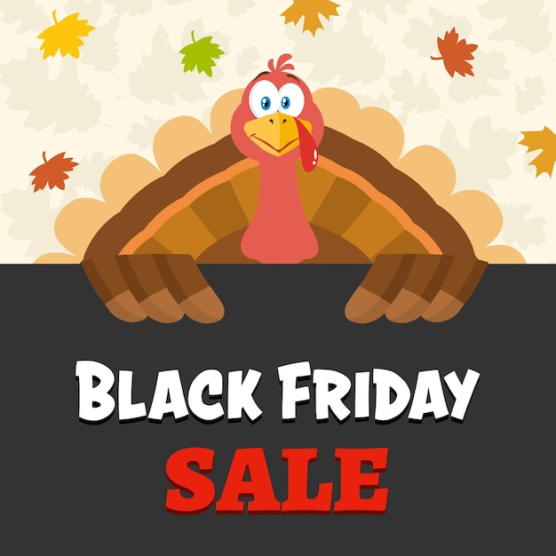 Turkey Bird Cartoon Mascot Character Over A Sign Black Friday Sale. Vector Illustration Flat Design