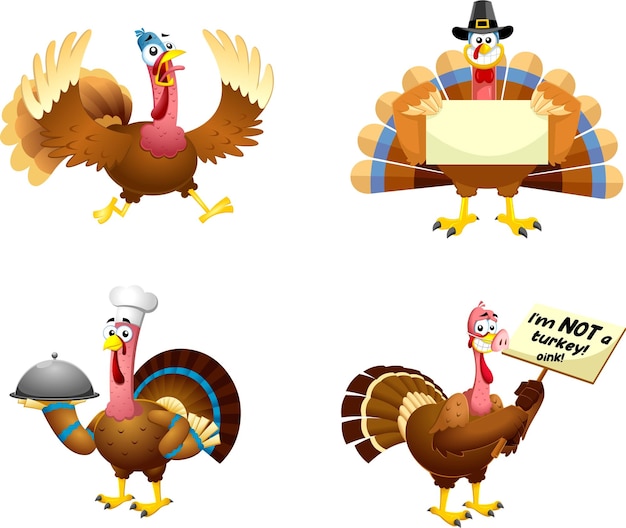 Turkey Cartoon Characters  Flat Design. Vector Collection Set Isolated On Transparent Background