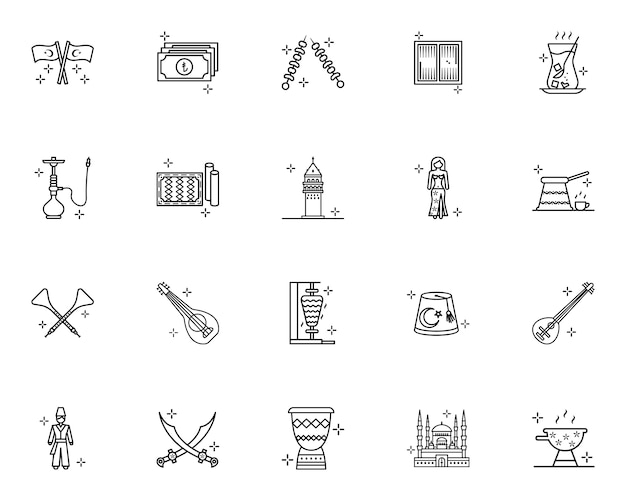 Vector turkey culture and traditions outline icons set