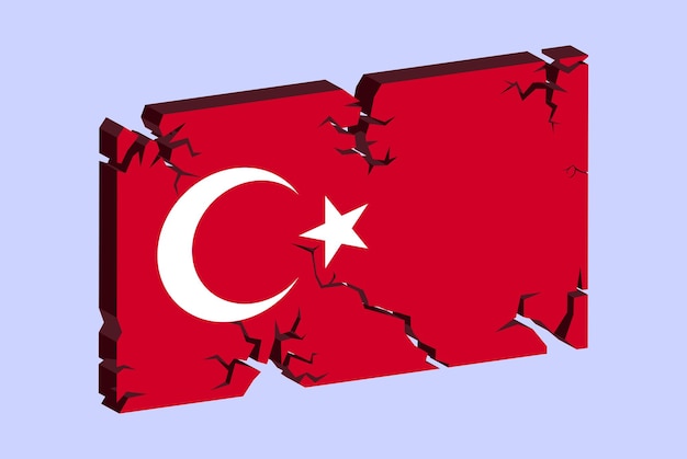 Turkey flag on 3D cracked wall vector fracture pattern with cracked texture issues concept