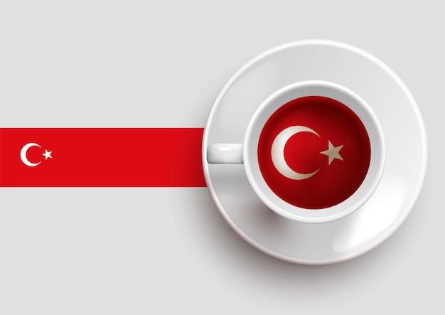 Turkey flag with a tasty coffee cup on top view