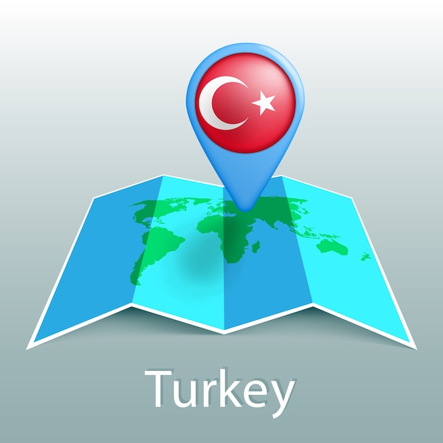 Turkey flag world map in pin with name of country on gray background