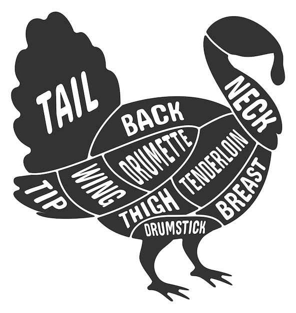 Turkey meat cut diagram in black bird silhouette Butcher scheme