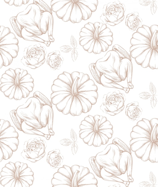 Turkey and pumpkins pattern line art