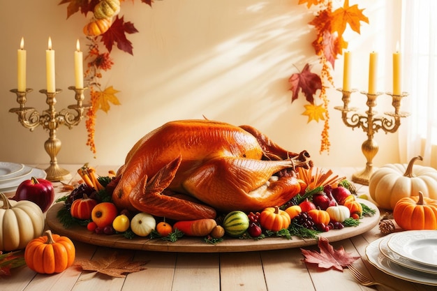 a turkey sits on a platter of fruit and vegetables