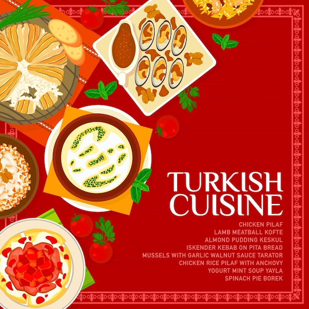 Turkish cuisine menu cover dishes lunch or dinner