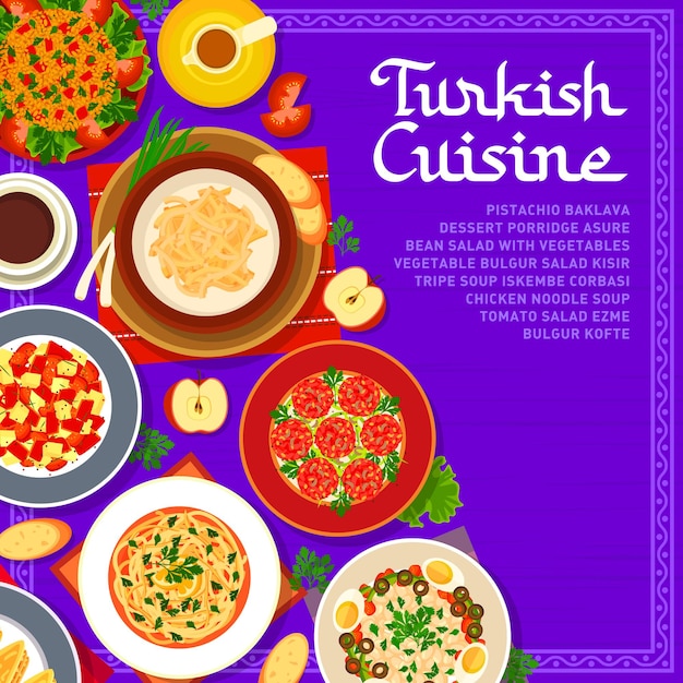 Turkish cuisine menu cover template with food meals and Turkey dishes for restaurant, vector. Turkish cuisine or kitchen lunch or dinner bulgur kofte, baklava pastry and tripe soup iskembe corbasi