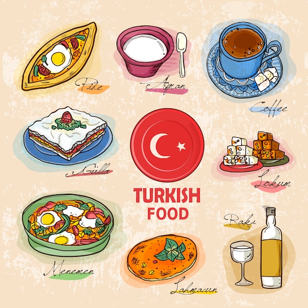 Turkish delicacy dishes in hand drawn style