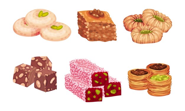 Vector turkish delights or arabic sweets with famous baklava and rahat lakoum vector set oriental pastry and sugary confectionery concept