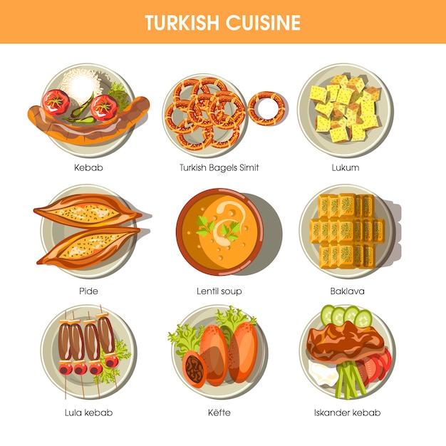 Vector turkish food cuisine vector icons for restaurant menu.