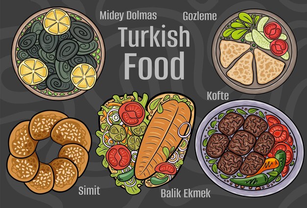 Turkish food A set of classic dishes Cartoon hand drawn illustration