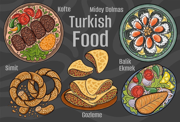 Vector turkish food a set of classic dishes cartoon hand drawn illustration