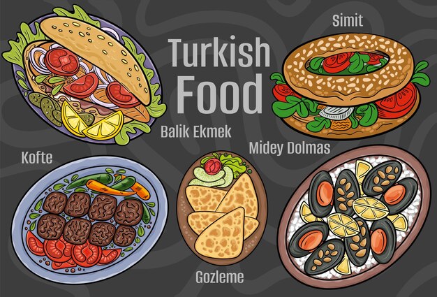 Turkish food A set of classic dishes Cartoon hand drawn illustration