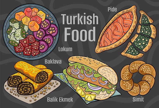 Vector turkish food a set of classic dishes cartoon hand drawn illustration