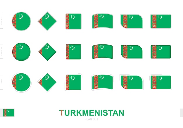 Turkmenistan flag set, simple flags of Turkmenistan with three different effects.